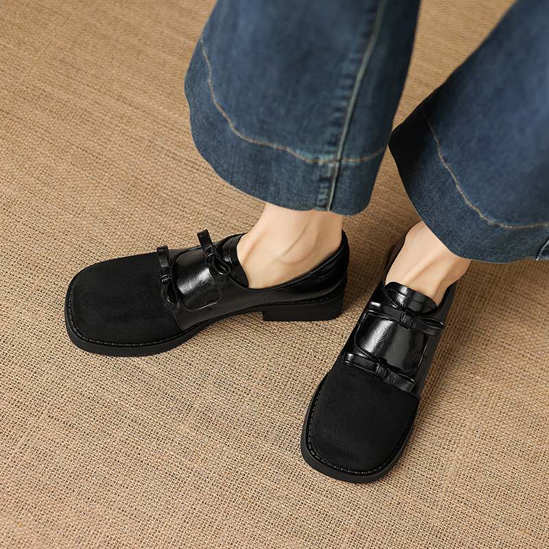 Krazing Pot Flock Round Toe Thick Med Heels Spring Summer Shoes Big Size 43 Size 33 Women Slip on Butterfly-knot Platform Pumps