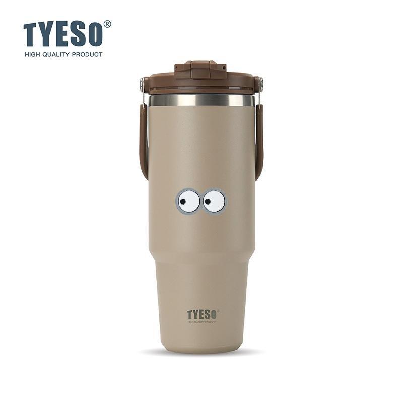 Tyeso 1200ML Cup Handle Vacuum Flasks Dual-Drink Coffee Mug Stainless Steel Thermoses Ice Cup Car Bottle Hot Cold Retention with Eye Sticker
