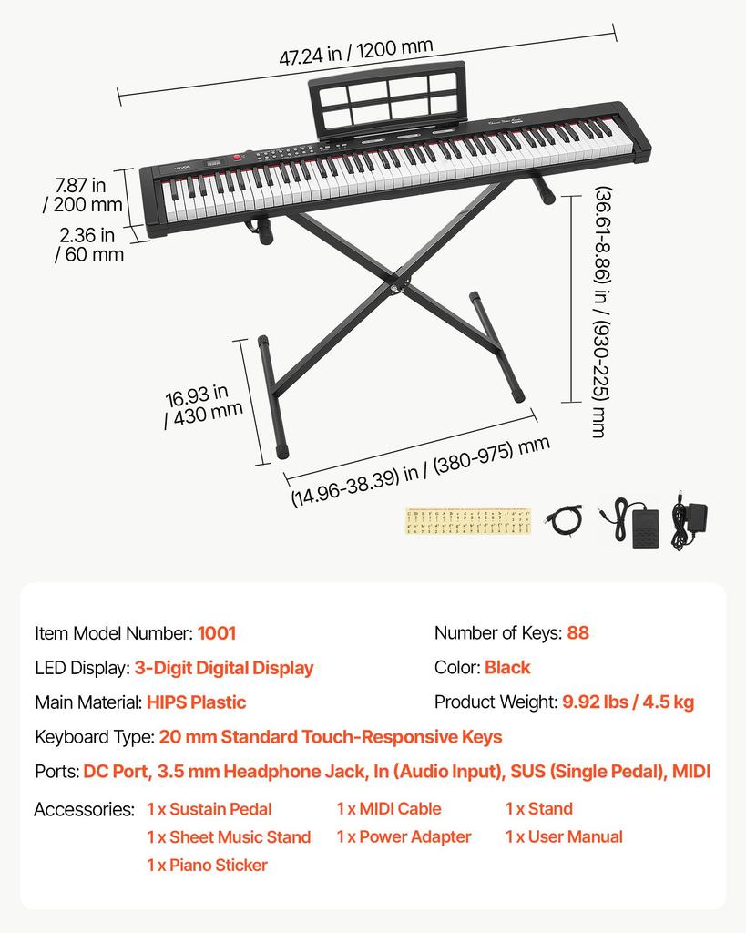 VEVOR Digital Piano 88 Keys Semi Weighted Keyboard Portable Stand Black, for Beginner, 128 Tones, 128 Rhythms, Dual Power Supply Electronic Piano