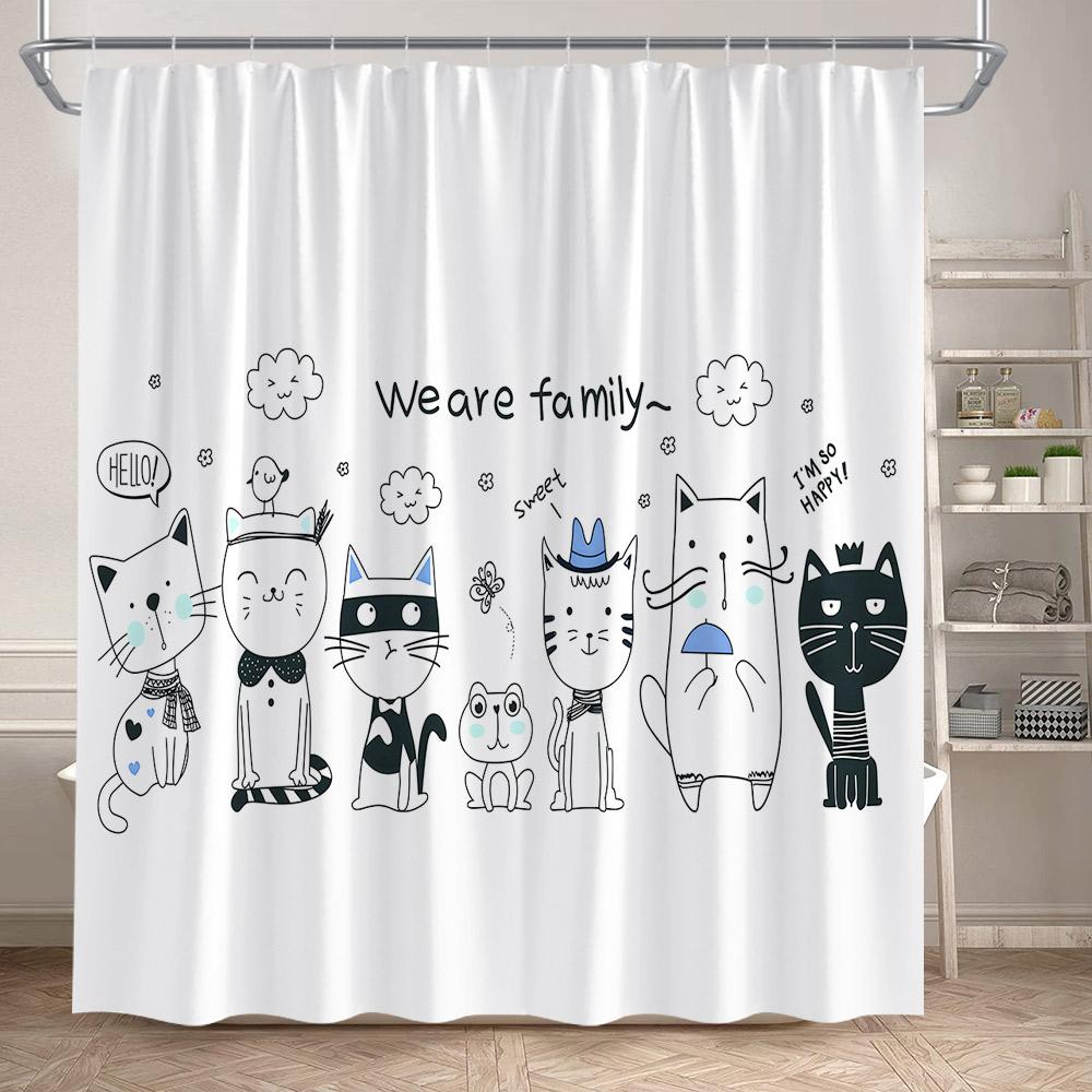 Funny Cats Shower Curtains Cute Cartoon Animal Pet Floral Bath Curtain Set Polyester Fabric Black Bathroom Decoration with Hooks