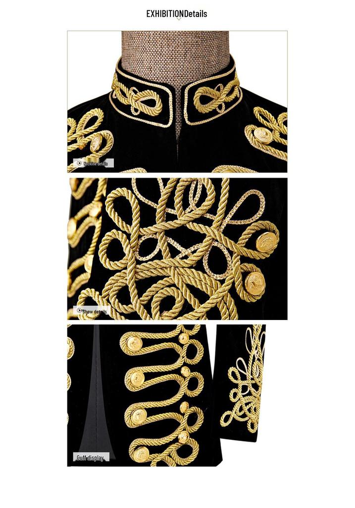 Men's Retro European Velvet Military Jacket with Gold Embroidery