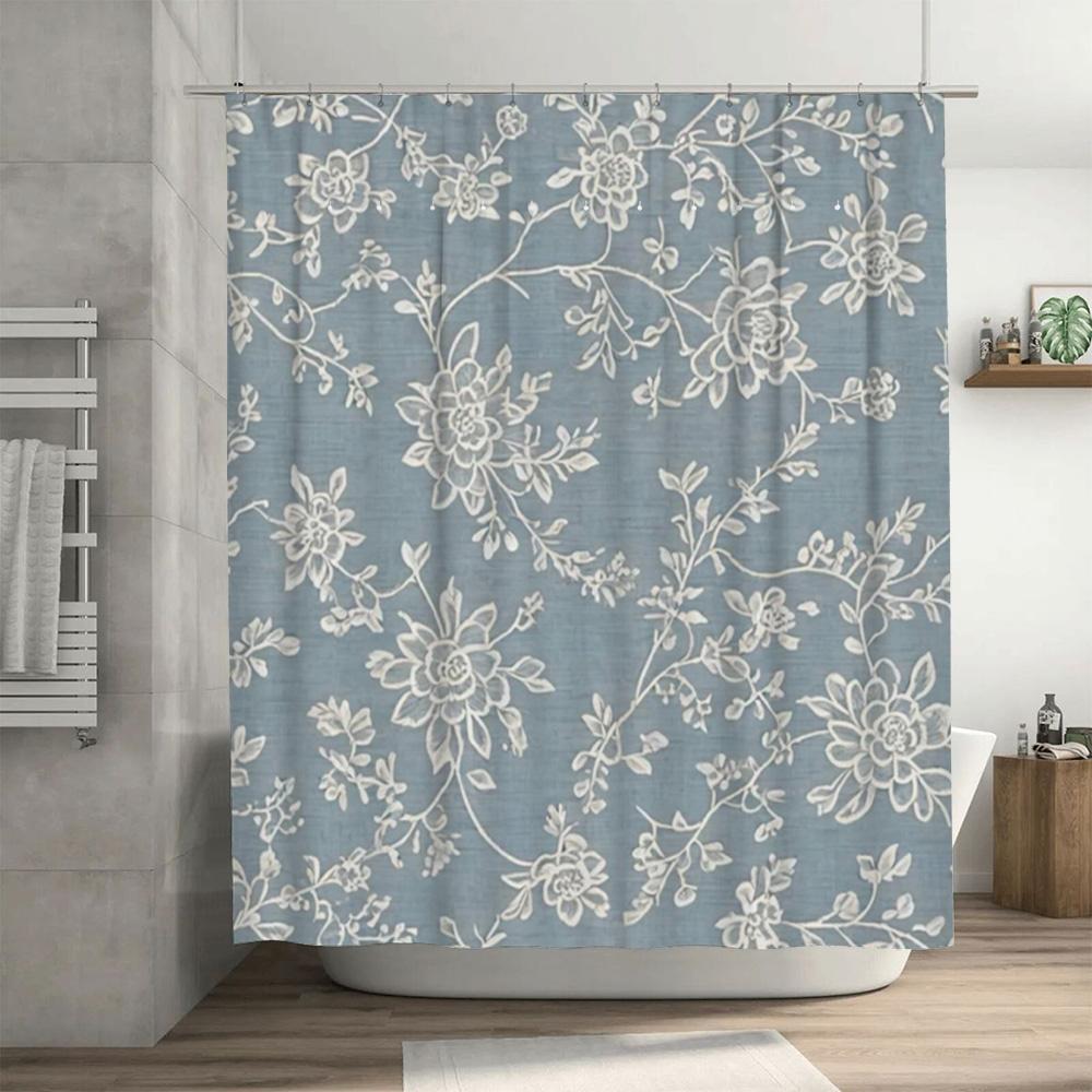 Stylish Floral Waterproof Shower Curtain For Bathroom Decor Blue And White Fabric Shower Curtains With Ring Holders Set