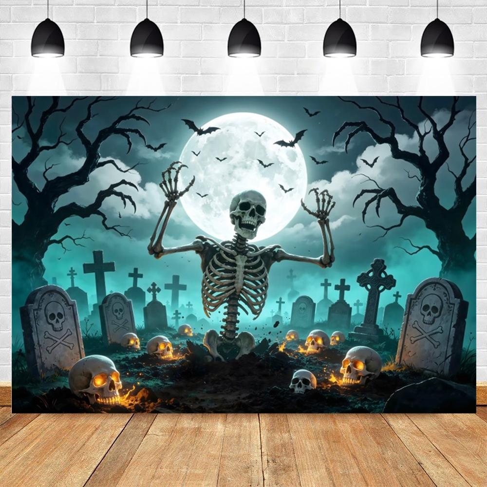 Halloween Full Moon Suburbs Cemetery Backdrop Scary Skull Castle Pumpkin Lantern Family Festival Party Decor Photo Background