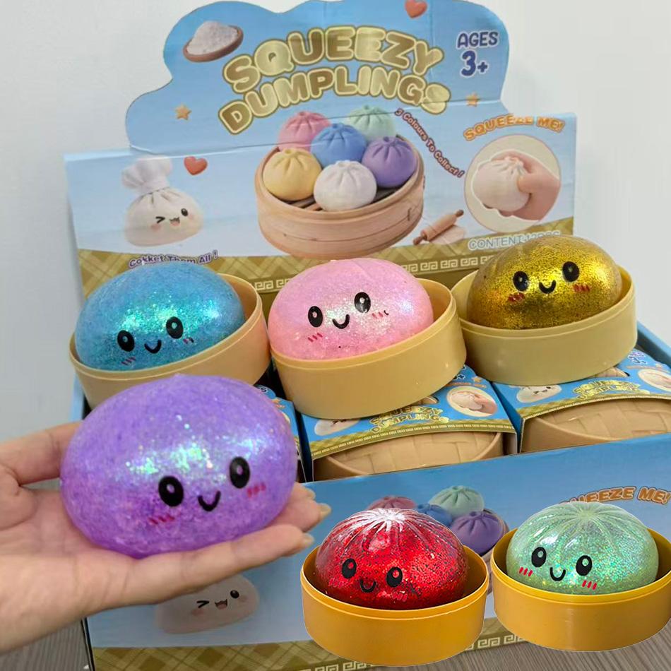 Glitter Dumpling Fidget Toy Squishy Stress Relief Balls with Steamer Reusable Rebound Squeeze Reliever Toys Dough Ball Gifts