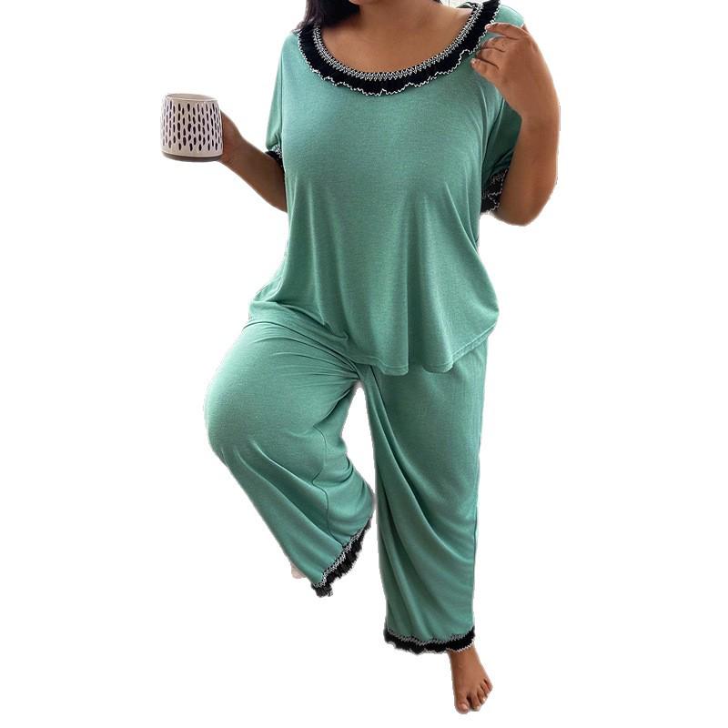 Women's Plus Size Lace Trim Pajama Set - Spring/Summer Loose Fit