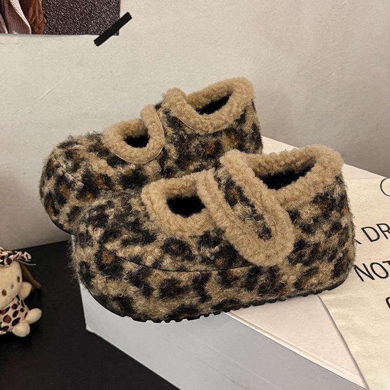 Fashion Velvet Thickened Thick-soled Mary Jane Fluffy Shoes, New Height-increasing Warm Snow Cotton Shoes for Winter Wear
