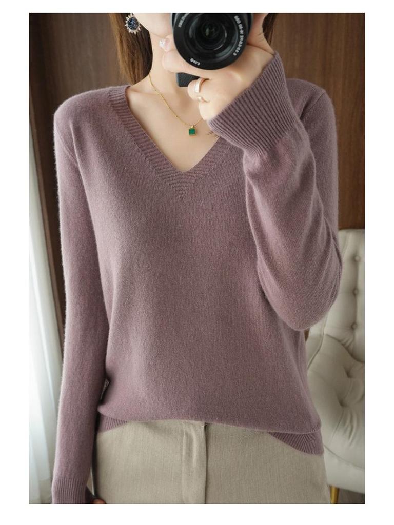 Korean Style V-Neck Long Sleeve Knitted Sweater for Women - Autumn/Winter Solid Color Loose Fit Pullover Top