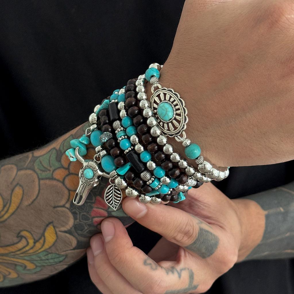 Stacked Beaded Bracelet for Men Hip Hop Personality Imitation Turquoise Bull Head Pendant Bracelet for Men High-end Hand Jewelry