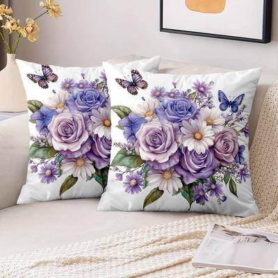 1 Stück Lila Blumen Rosen Schmetterlinge Bedruckter Kissenbezug Polyester-Kissenbezug, Dekokissenbezug für Sofa Kopfteilkissen