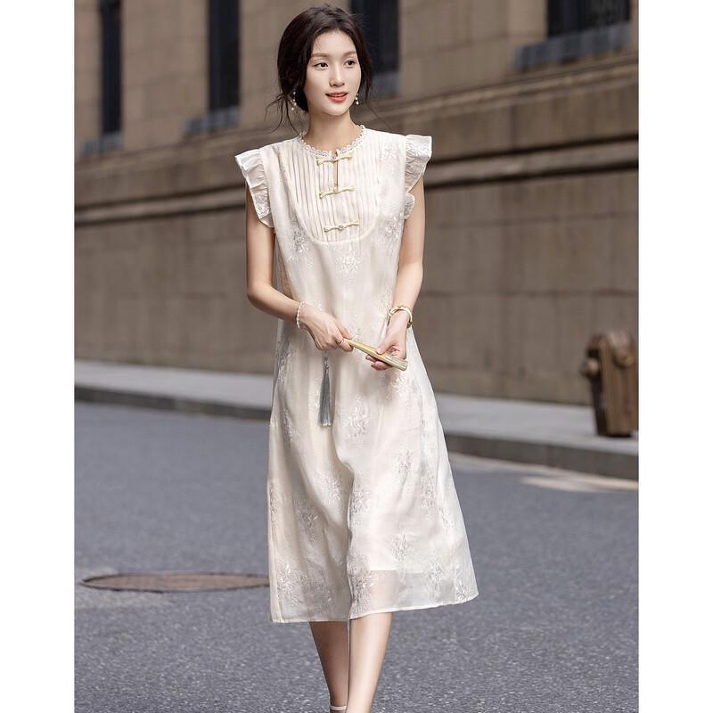 Demana New Chinese Style Embroidered Lace Flutter Sleeve Midi Dress