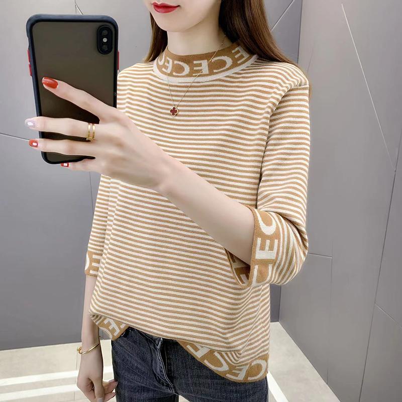 Slim Three-quarter Sleeve Mercerized Cotton Letter Half Turtleneck Sweater T-shirt Top for Women Spring and Autumn Korean
