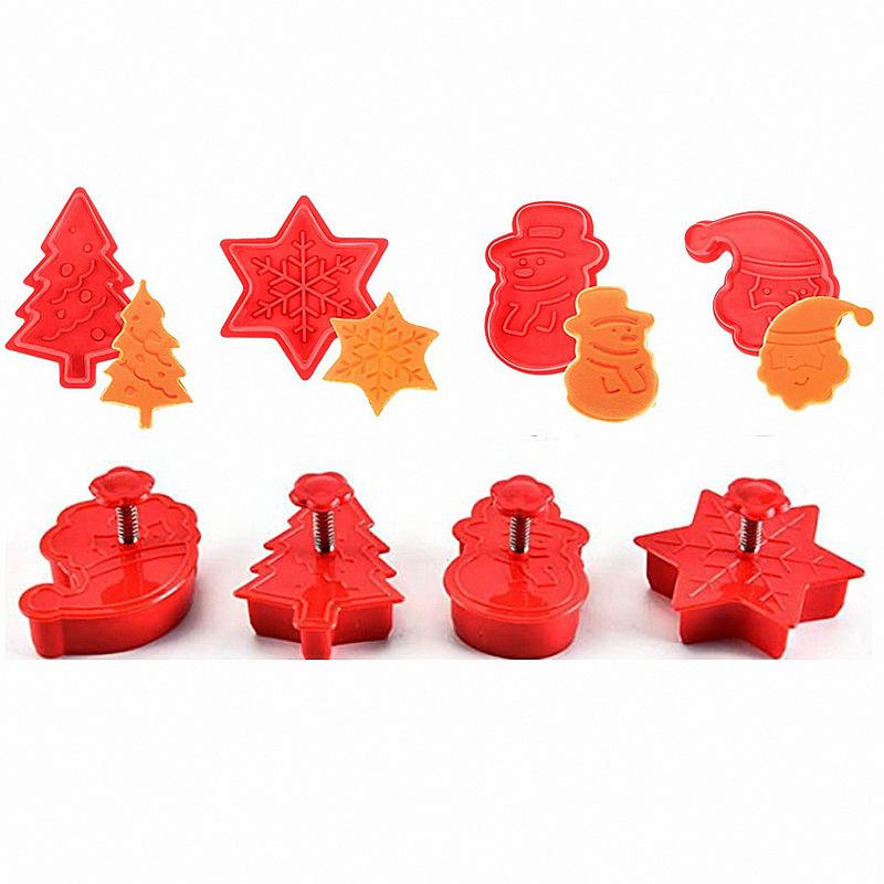 4Pcs Christmas Baking Mold Set DIY Tree Snowman Cookie Cutter Plunger for Gingerbread Fondant Cake Decorating Pastry Tools