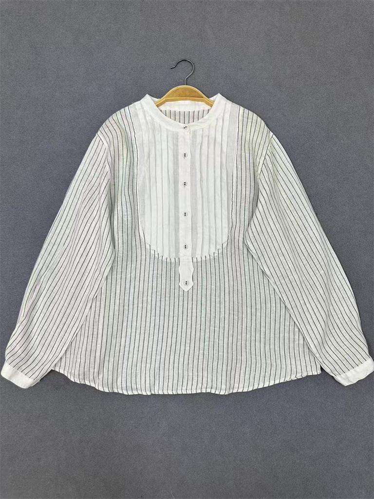 Johnature Autumn Products Stand-up Collar Retro Striped Splicing Loose Women Shirt Long Sleeve Casual Blouses