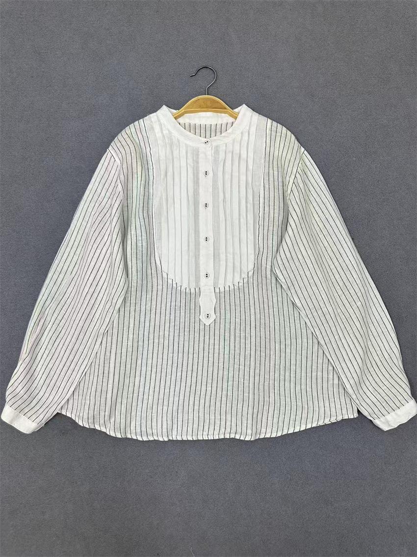 

Johnature Autumn Products Stand-up Collar Retro Striped Splicing Loose Women Shirt Long Sleeve Casual Blouses One Size бежевый