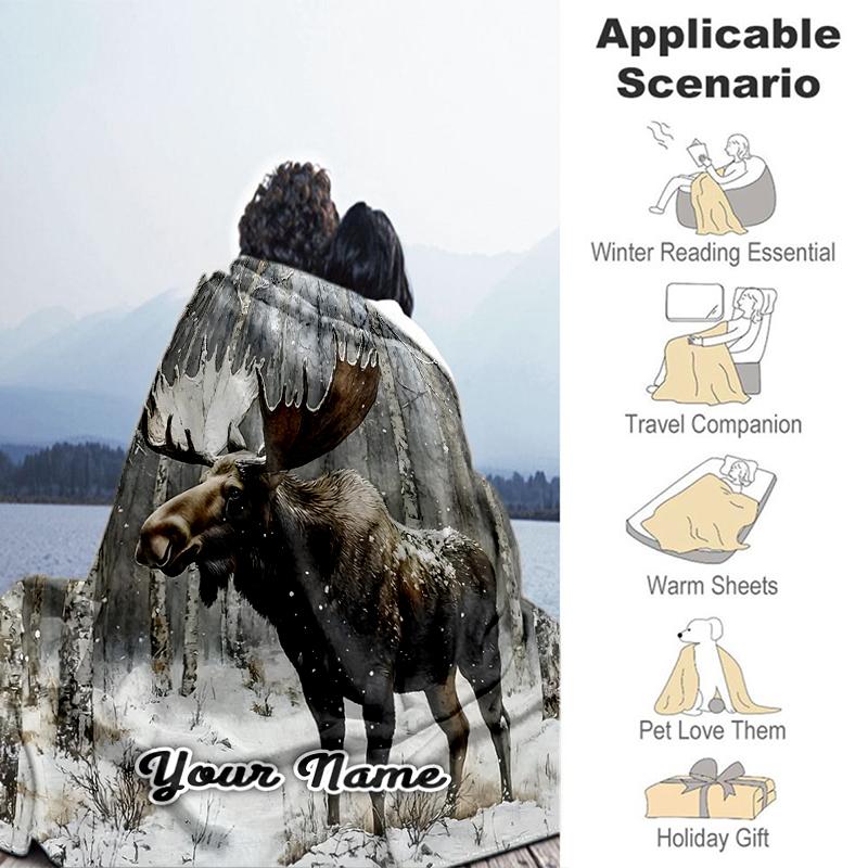 1PC Custom Name Moose Winter Forest outdooor Flannel blankets Throw Blanket All-Season Throw Gift Bedspread for Couch, Bed, Camping Holiday Birthday g