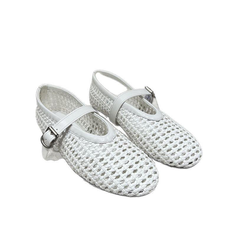2025 New Spring and Summer Leather Shallow Mouth One-word Buckle Belt Hollow Round Head Flat Bottom Inner Single Shoe Women's Ballet Leather Shoes