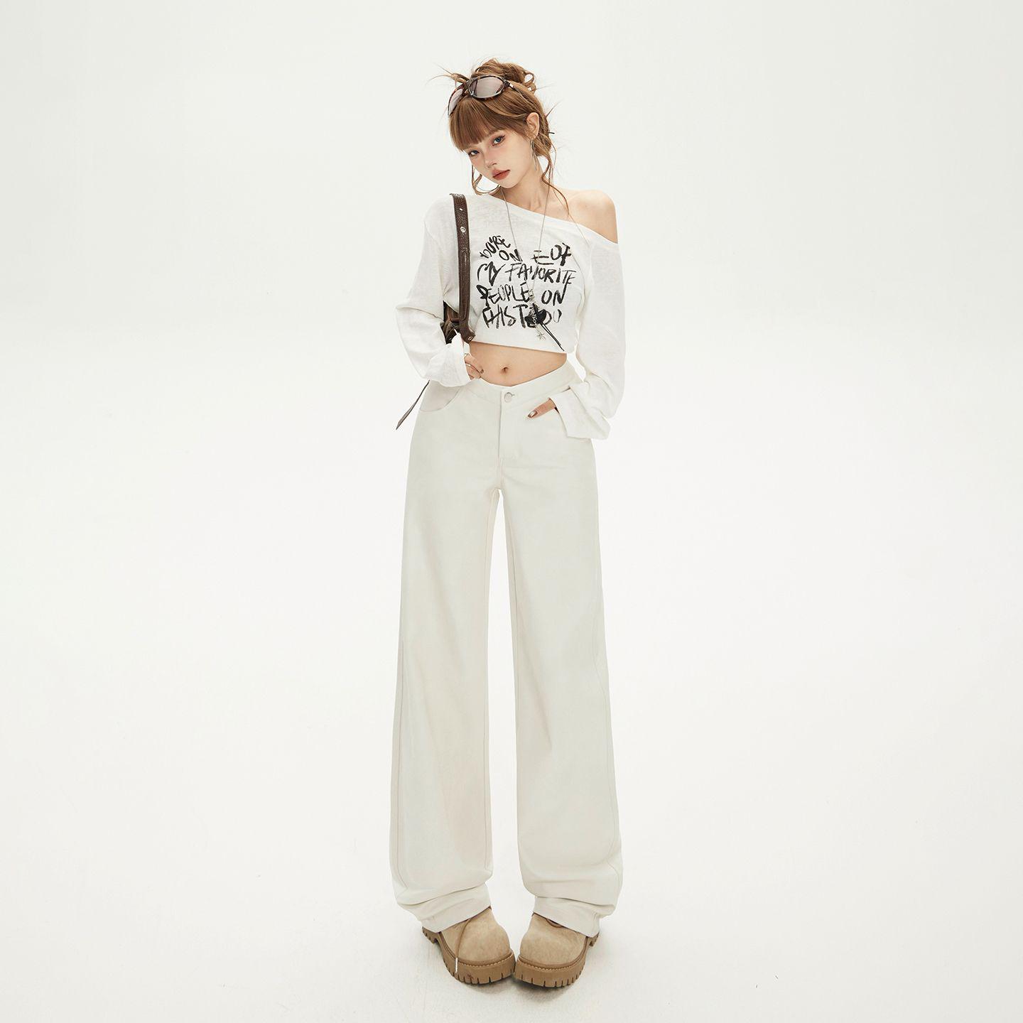 American Retro Low-Rise Spicy Girl Straight White Leather Slimming Pants 2025 XS