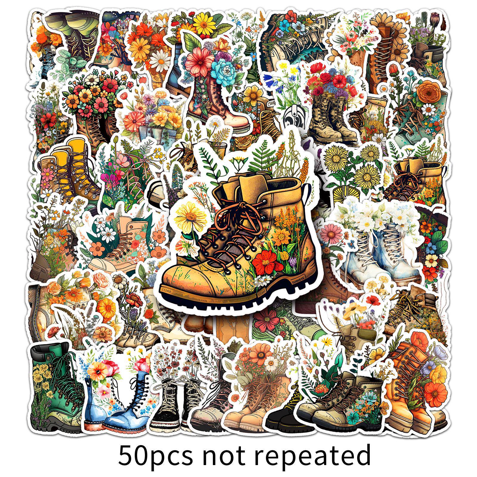 50pcs Waterproof Flower & Plant Retro Cartoon Stickers for Artistic Decoration
