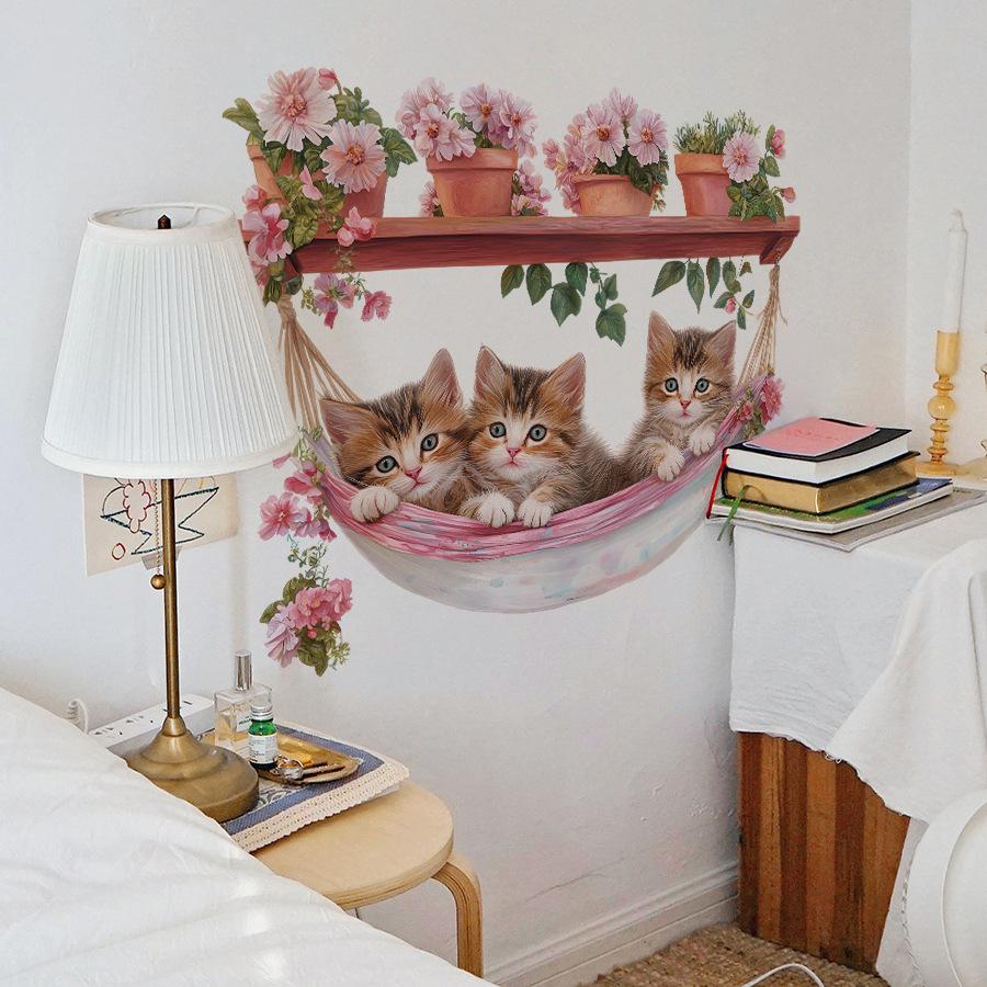 Artistic Potted Plant Kitten in Hammock Wall Stickers, Self-Adhesive Decor for Study Room Bedroom Kids Room Decoration