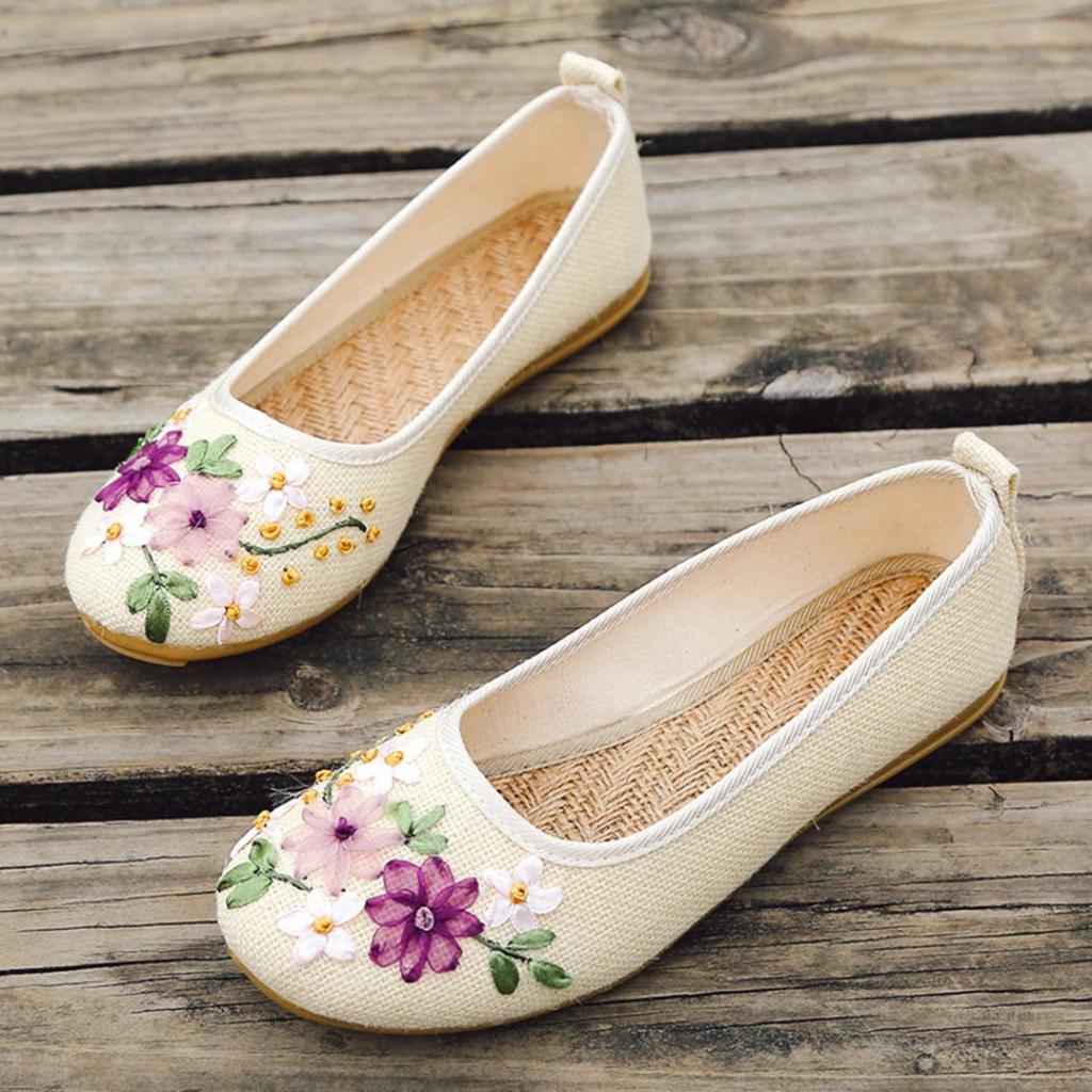 Vintage Embroidered Women Flats Flower Slip On Round Toe Shoes Loafers Ballerina