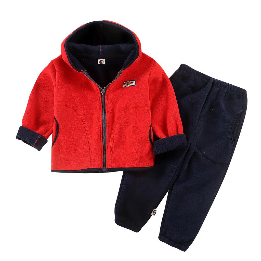 Set in pile autunnale e invernale per bambini, set due pezzi per capispalla e pantaloni da bambino e bambina, con cappuccio ispessito