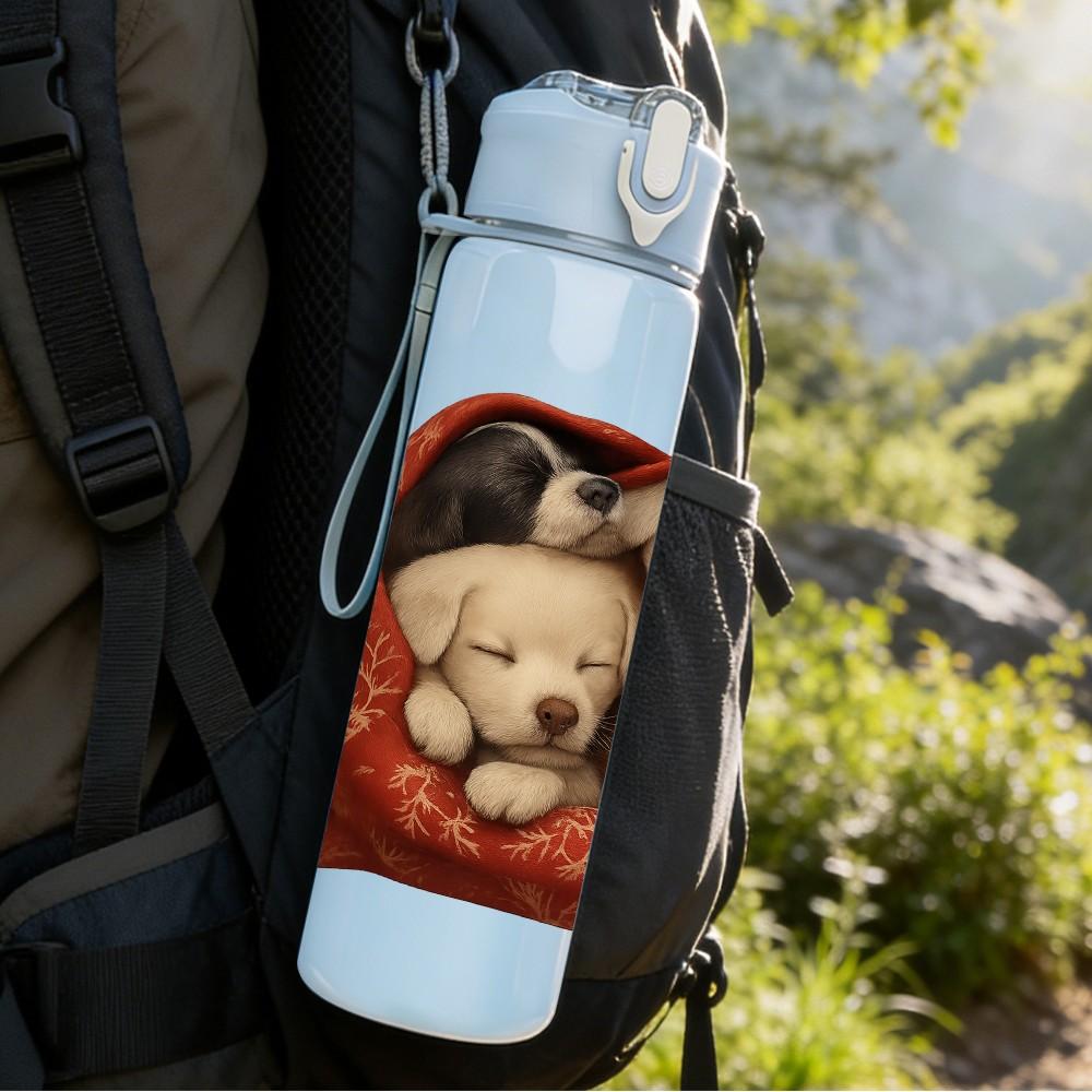 1PC Puppies Sleeping Soft Blanket Print 750ml Color Plastic Sports Water Bottle Leakproof Flip Straw Lid Suitable for Sports Office Home Use