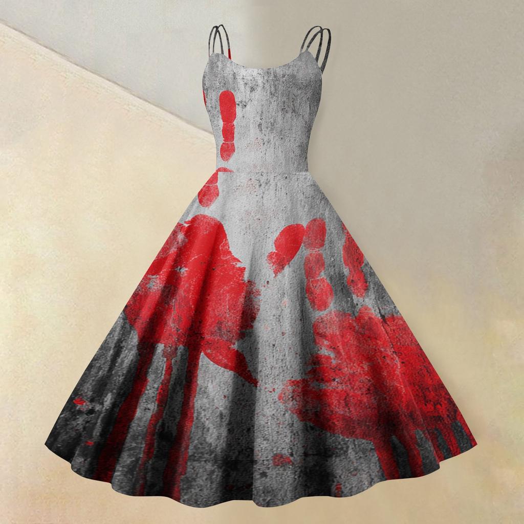 Women's Sleeveless Casual Dress with Halloween Print Round Neck Vintage Style Fit and Flare Midi Dress for Everyday Wear