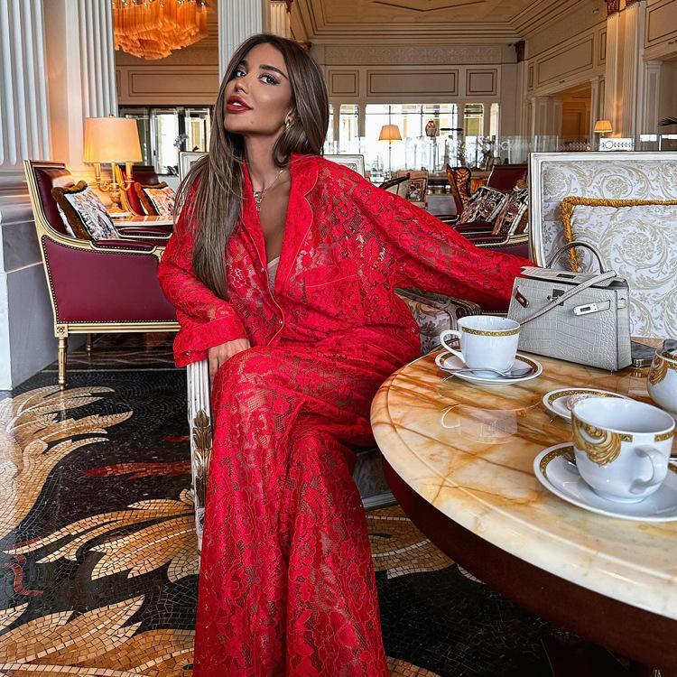 Women's Sheer Lace Lapel Long Sleeve Shirt High Waist Long Pants Sexy Two Piece Outfit Nightwear Set
