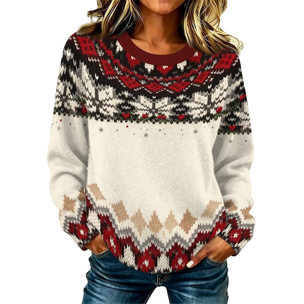 Women's Casual Long Sleeve Geometric Print Round Neck Knit Sweater