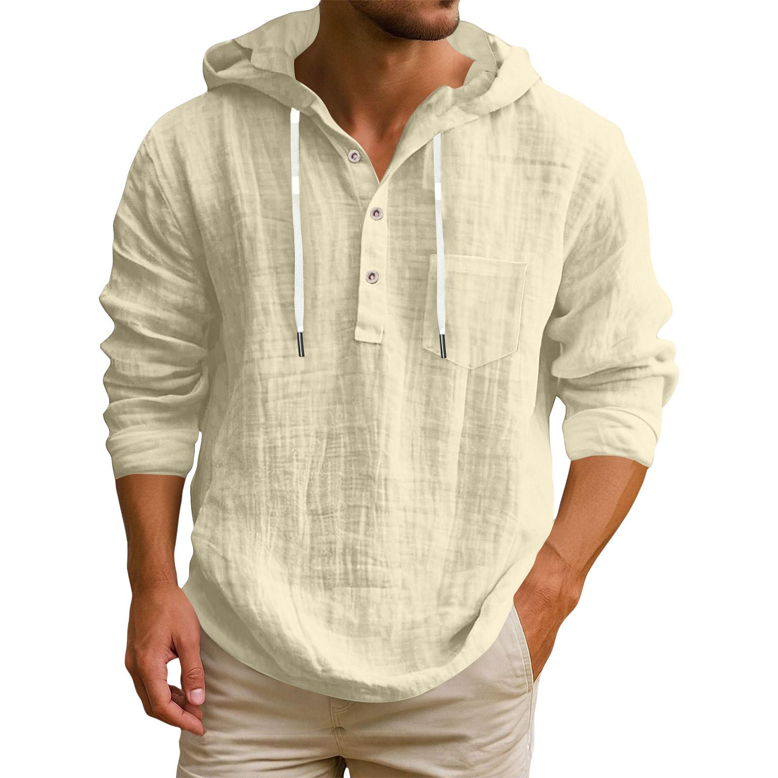 

Мужская футболка с капюшоном однотонная хлопково-льняная мужская повседневная с длинным рукавом XXL бежевый