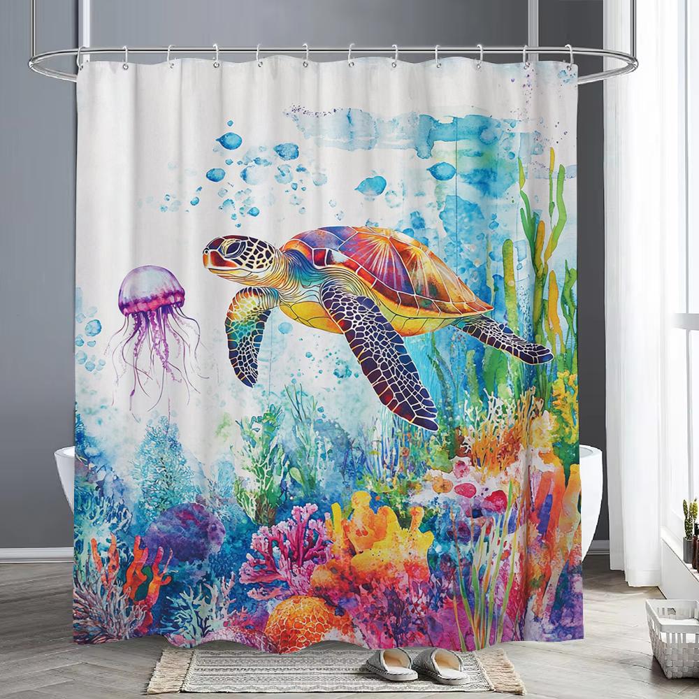 Marineland Sea Turtle Fun Shower Curtain For Beach Theme Bathroom Decorative Shower Curtain, Waterproof Shower Curtain With Hook