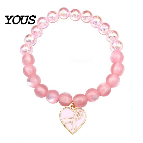 Fashionable Daily Wear Wristband Breast Cancer Awareness Bracelets for Women, Ribbon Health Accessories Charm Beaded Elastic Bracelet, Encouragement