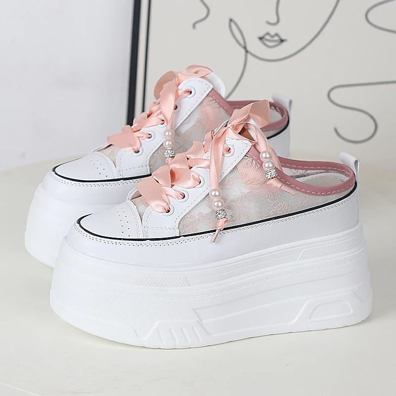 Fashion 12CM Slides Sneakers Slip On Microfiber Leather Women Summer Shoes Wedge Fashion Air Mesh Glitter Platform Slippers Sandals