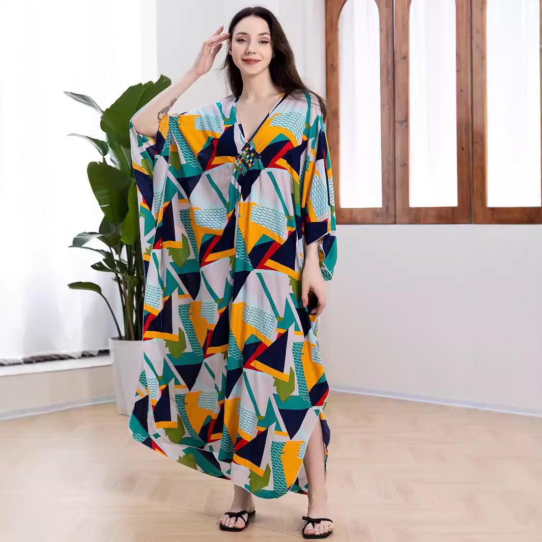 

Plus Size Geometric Print Rayon Beach Cover-Up Dress One Size
