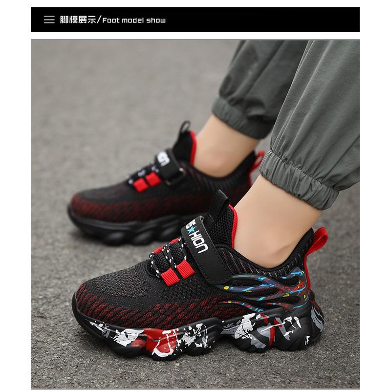 Boys Running Shoes Kids 7-12 Years Lightweight Breathable Mesh Sneakers With Hook Loop