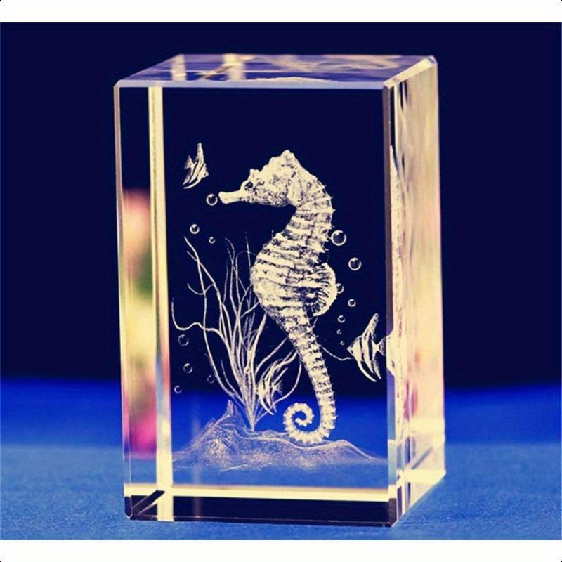 Crystal Glass Seahorse Statue Model3D Laser Etched Crystal Seahorse Figurine Art Animal Crystal Glass Cube Engraving Seahorse Ornaments Gifts