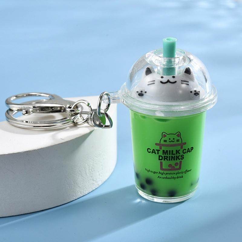 Přívěsek kočka Bubble Tea Kreslený Mléčný Čaj Přívěsky Klíčenky Módní akrylové kroužky na klíče Šperky na batohy a telefon