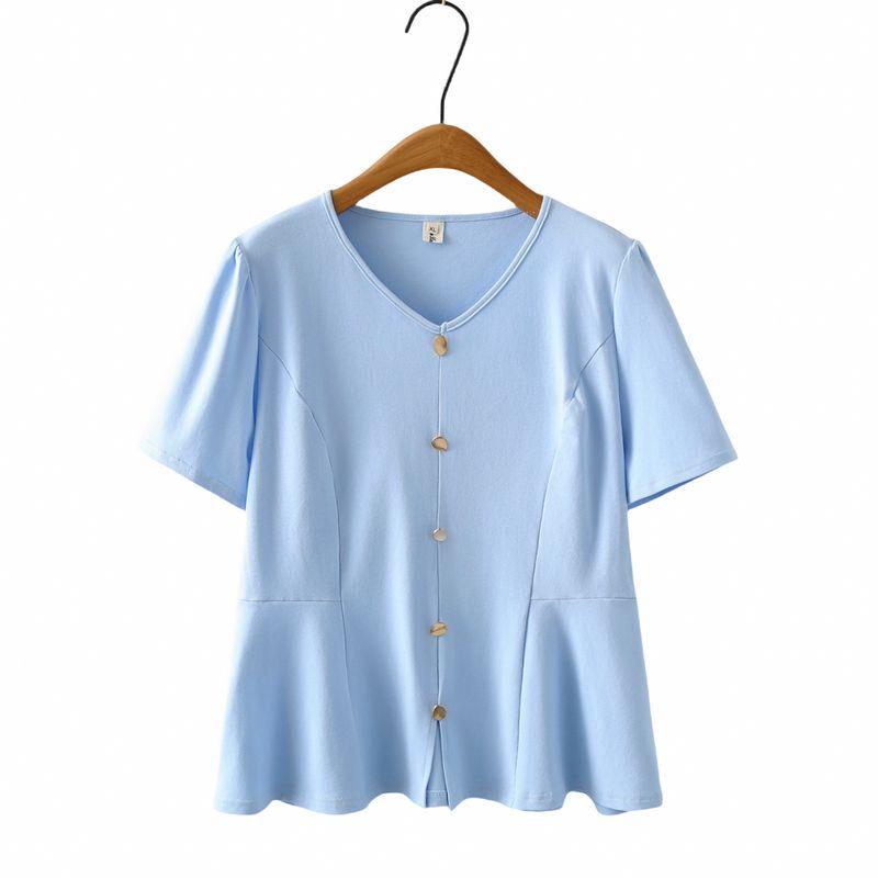 

2025 Summer Clothing New Casual Pullover 100.00kg Chubby Girl Design Sense V-neck Metal Buckle Short sleeve Plus size T-shirt Women Blue XL recommended 60.00 kg-70.00 kg
