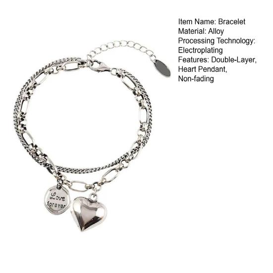 Heart Charm Bracelet Double-Layer Love Heart Alloy Bracelet Adjustable Bracelet with Heart Round Pendant Jewelry for Party Dating Anniversary Gift