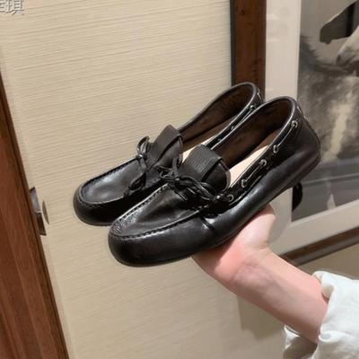 Cowhide Version~ Niche Miu Series Super Soft Shallow Bow Loafers Women's Flat Leather One-pedal Doudou Single Shoes