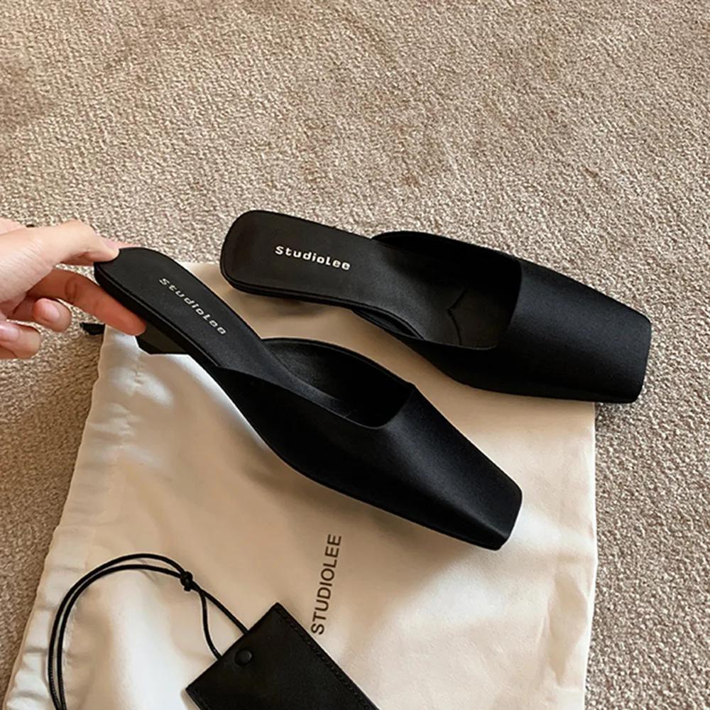 Fashion Luxury Satin Design Mules Shoes for Women Summer Sexy Square Head Strange Low Heel Slide Sandals Elegant Comfort Dress Slippers