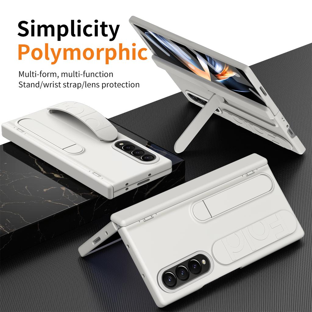 For Samsung Galaxy Z Fold4 5G Case Kickstand Wristband PC Phone Cover with Tempered Glass Film