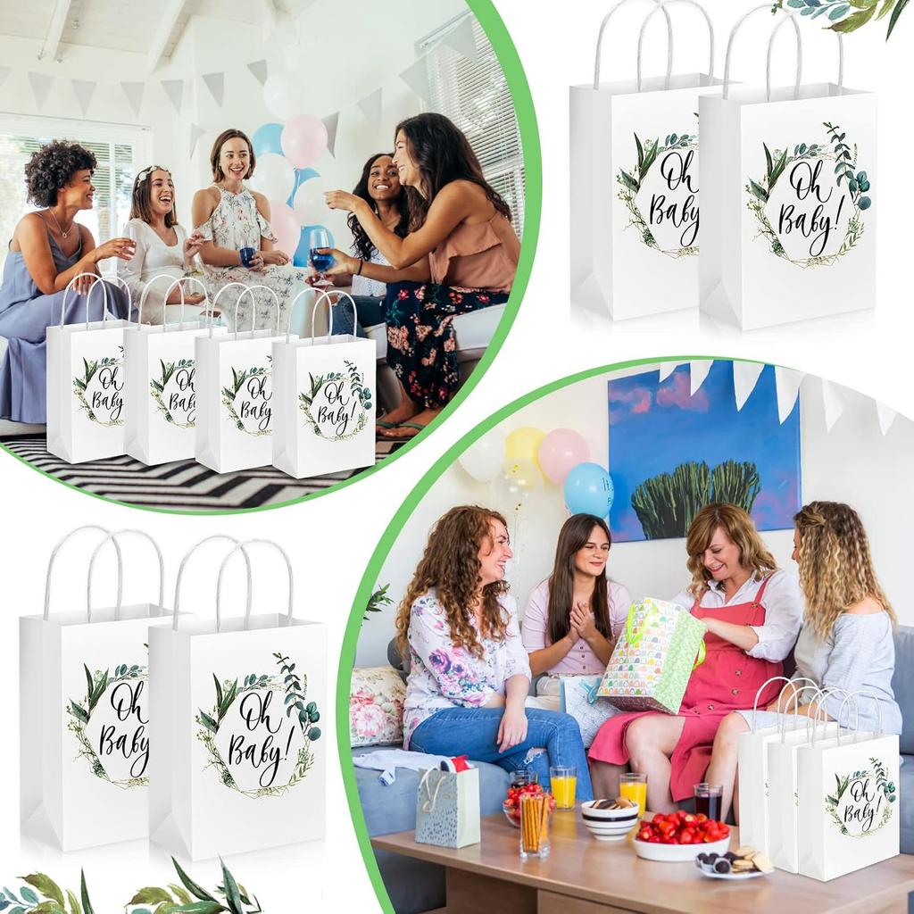 Fumete 50 Pcs Baby Shower White Paper Bags Bulk with Handles Greenery Eucalyptus Paper Bags Greenery Paper Goodie Bag Gift Wrap Bag for Baby Shower