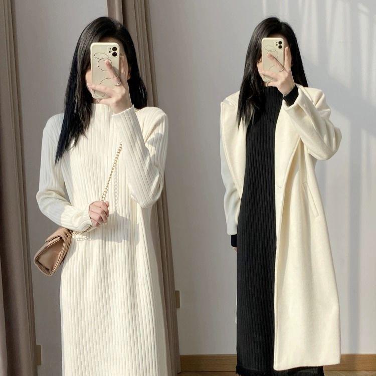 

Черное вязаное платье с бахромой: Женская вещь средней длины с полувысоким воротником для осенне-зимнего сезона. 2XL