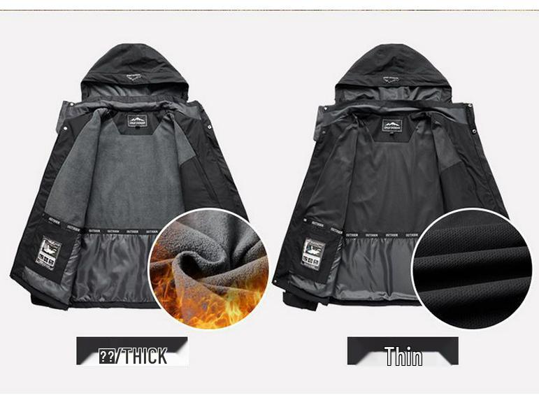 Men's Windproof Waterproof Fleece-Lined Jacket with Removable Hood for Autumn and Winter - Stain-Resistant Outdoor Mountaineering Outerwear.