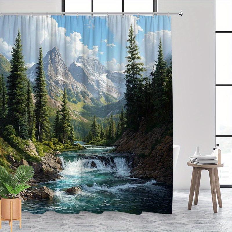 Ruhige Berglandschaft Duschvorhang - Türkiser Fluss, Wasserfälle, Kiefern & Schneebedeckte Gipfel, Polyester, 12 Haken
