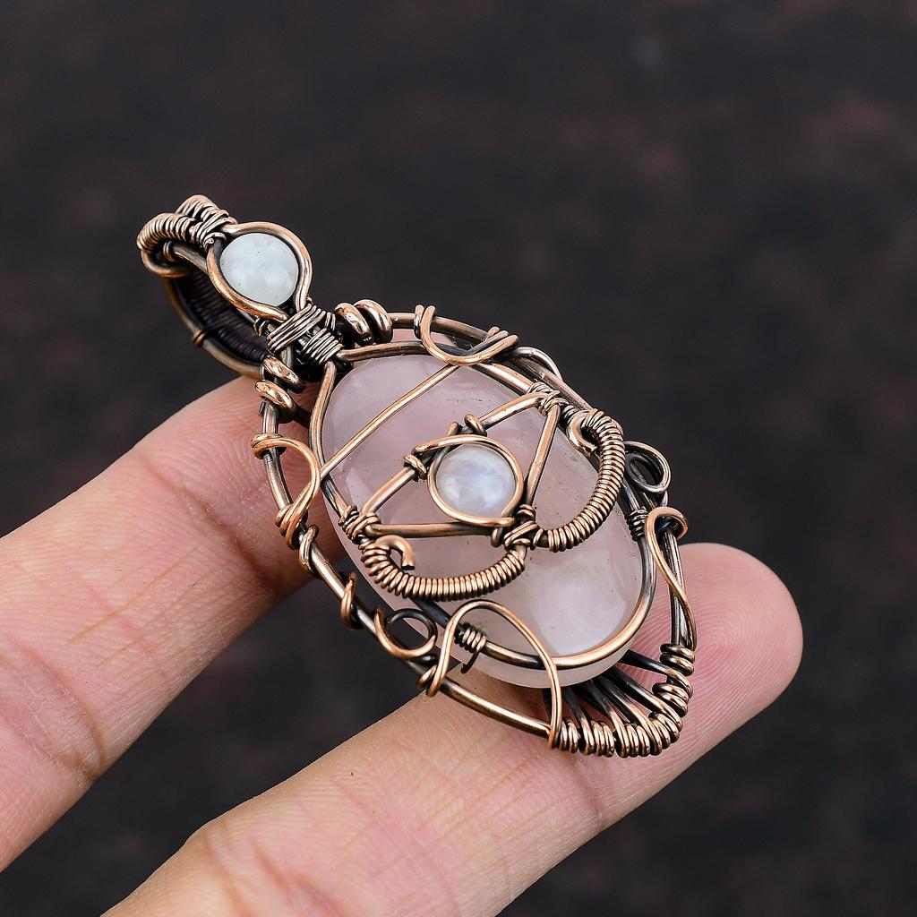 Evil Eye Rose Quartz Pendant Copper Wire Wrapped Pendant Rainbow Moonstone Gemstone Pendant Gift For Him Evil Eye Jewelry Handmade Pendant