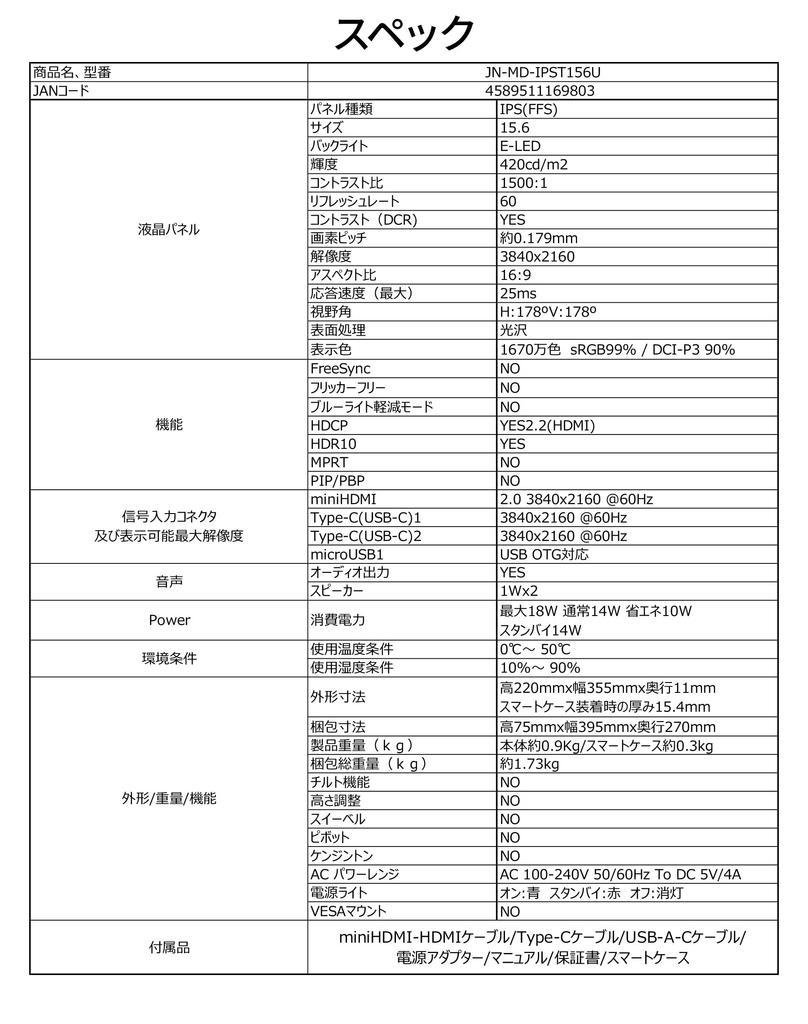JAPANNEXT Mobile IPS 4K UHD 3840x2160 Resolution PC 15.6-inch Monitor, Panel, (USB/Type C/MAC Compatible/Built-in Speakers/100% sRGB/Glossy)