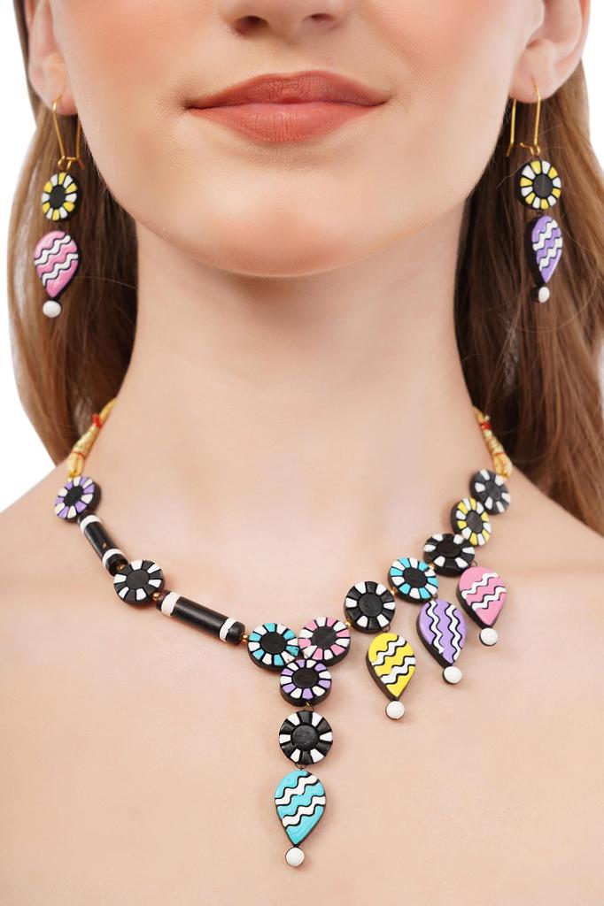 Handmade Terracotta Jewelry Set: Dangle Necklace & Ears