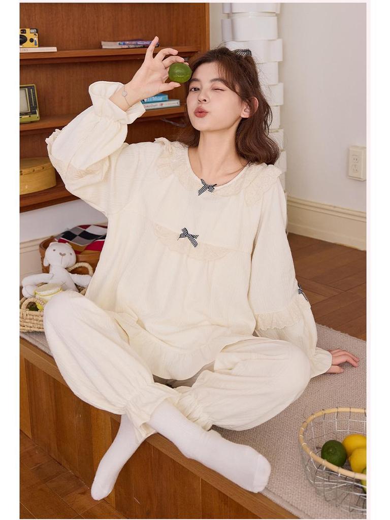 Women's French Court Style Cotton Pajama Set with Chest Pads - Long Sleeve, Long Pants for Spring & Autumn.